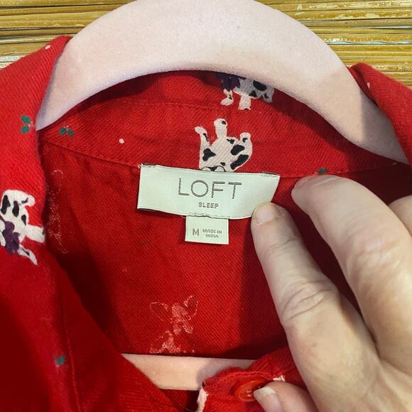 LOFT Sleep Red Dog Print Pajama Set Size M Cotton Viscose Button Top Pants - Picture 4 of 9